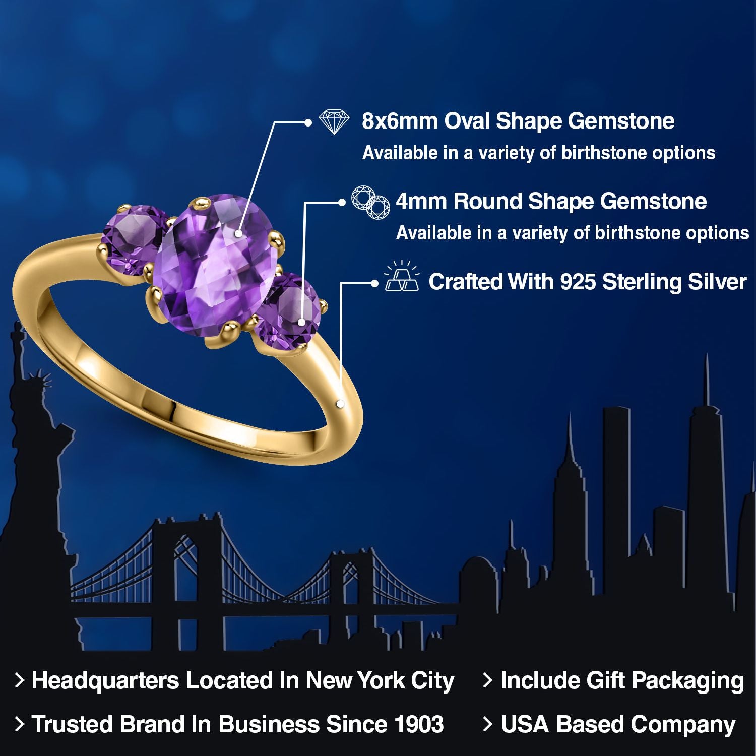 Amethyst_5_Ring in 925 Yellow Gold Plated Silver