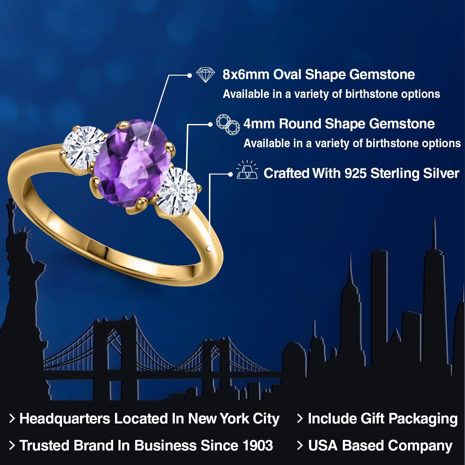 Amethyst and Moissanite_5_Ring in 925 Yellow Gold Plated Silver