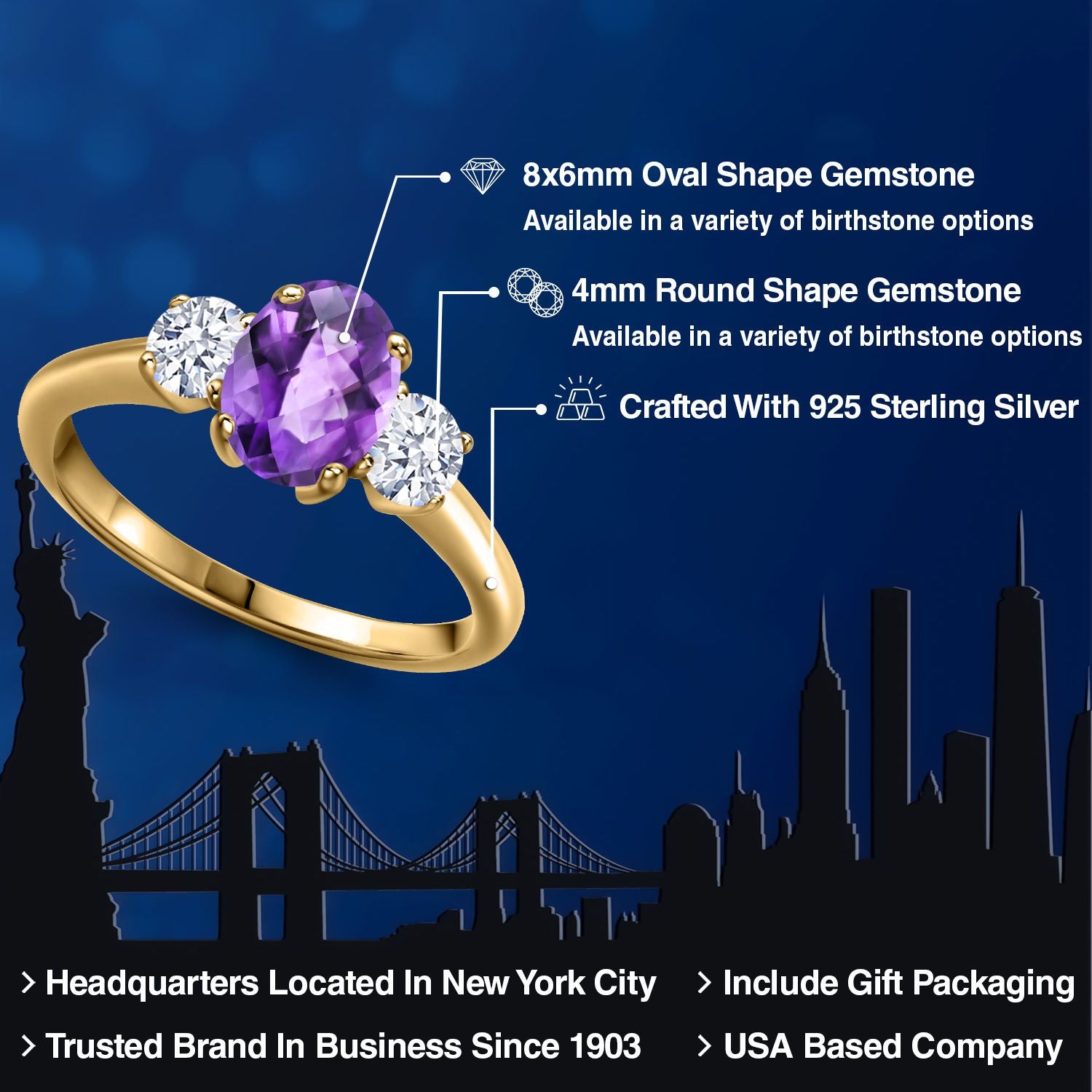 Amethyst and Zirconia_5_Ring in 925 Yellow Gold Plated Silver