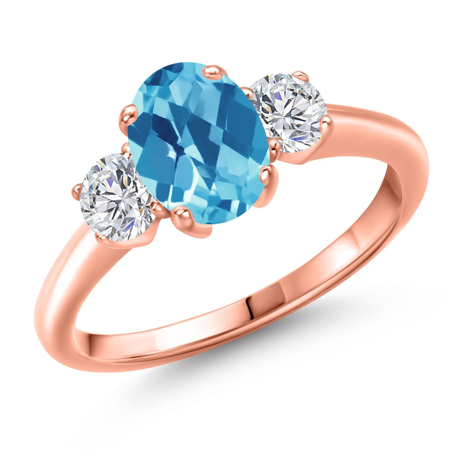 Swiss Blue Topaz-Checkerboard - November_5_Ring in 925 Rose Gold Plated Silver