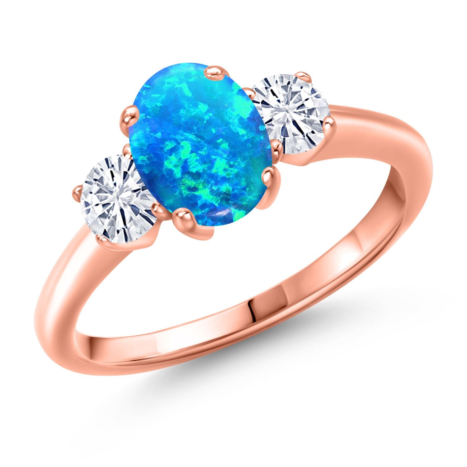 Blue Simulated Opal-Cabochon - October_8_Ring in 925 Rose Gold Plated Silver