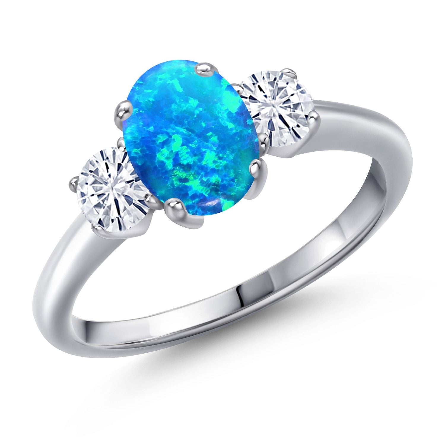 Blue Simulated Opal-Cabochon - October_6_Ring in 925 Sterling Silver