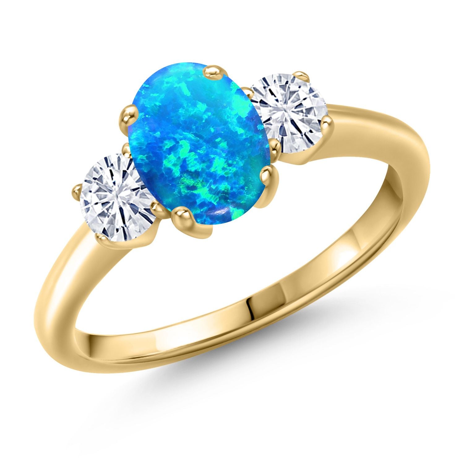 Blue Simulated Opal-Cabochon - October_6_Ring in 925 Yellow Gold Plated Silver