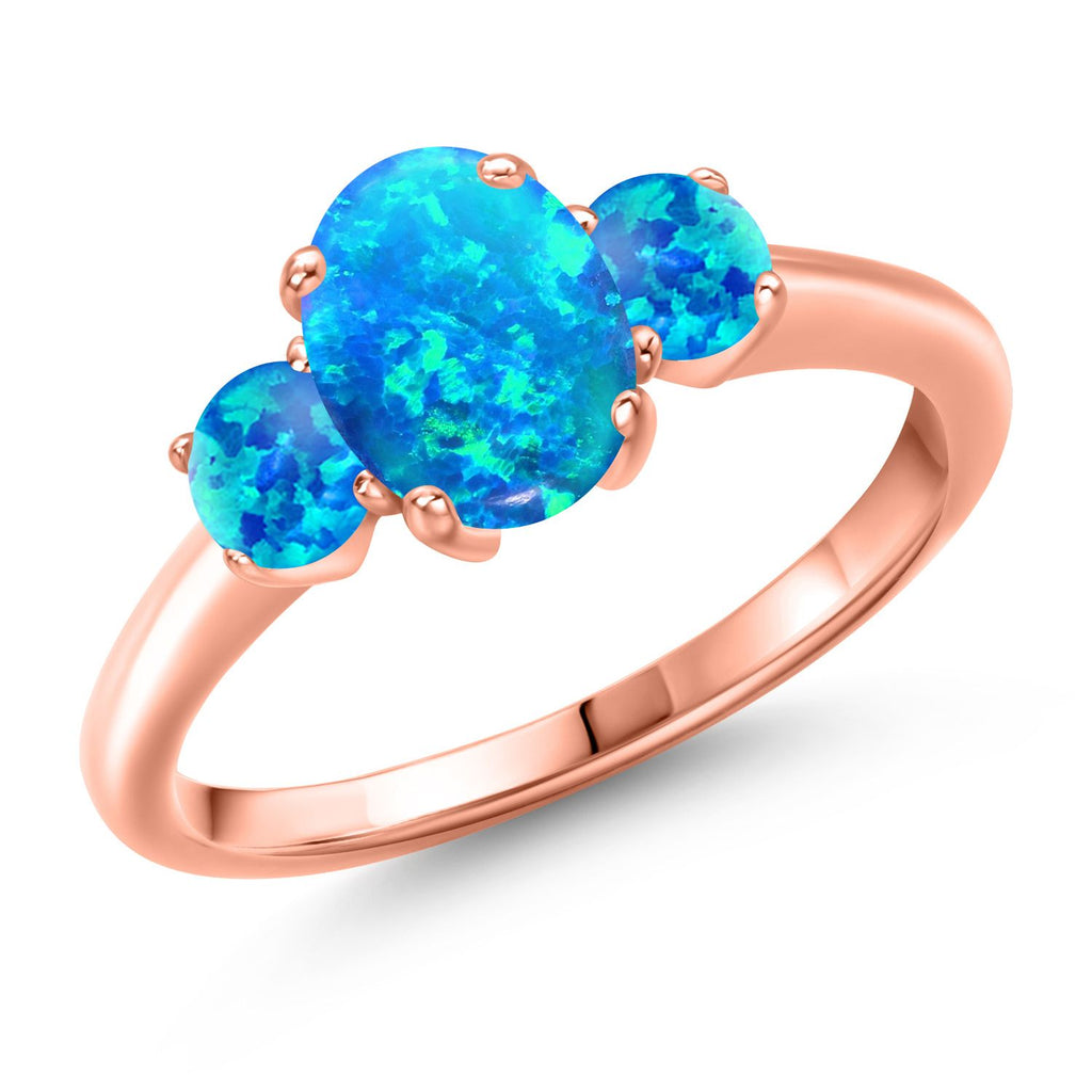 Blue Simulated Opal-Cabochon - October_5_Ring in 925 Rose Gold Plated Silver