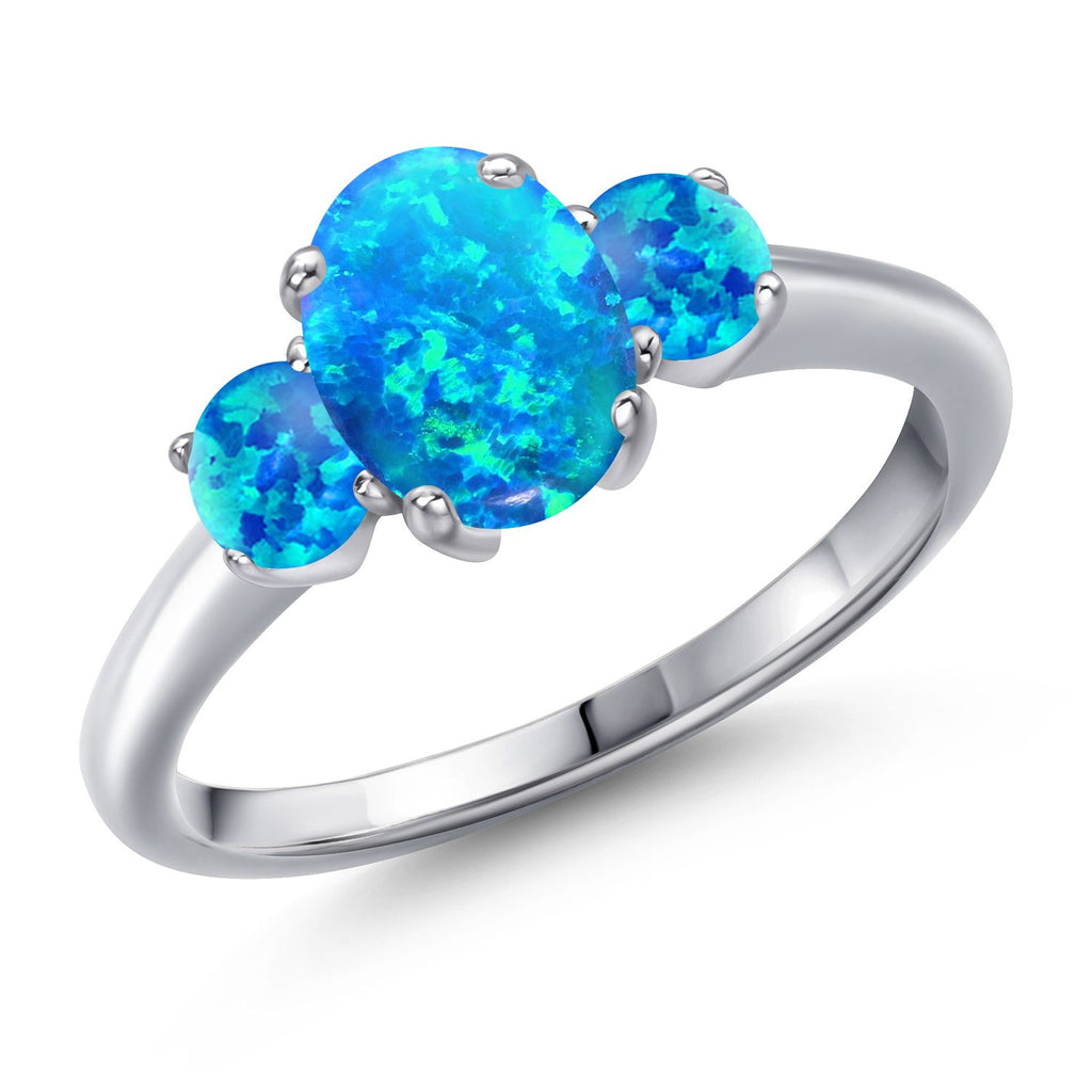 Blue Simulated Opal-Cabochon - October_5_Ring in 925 Sterling Silver