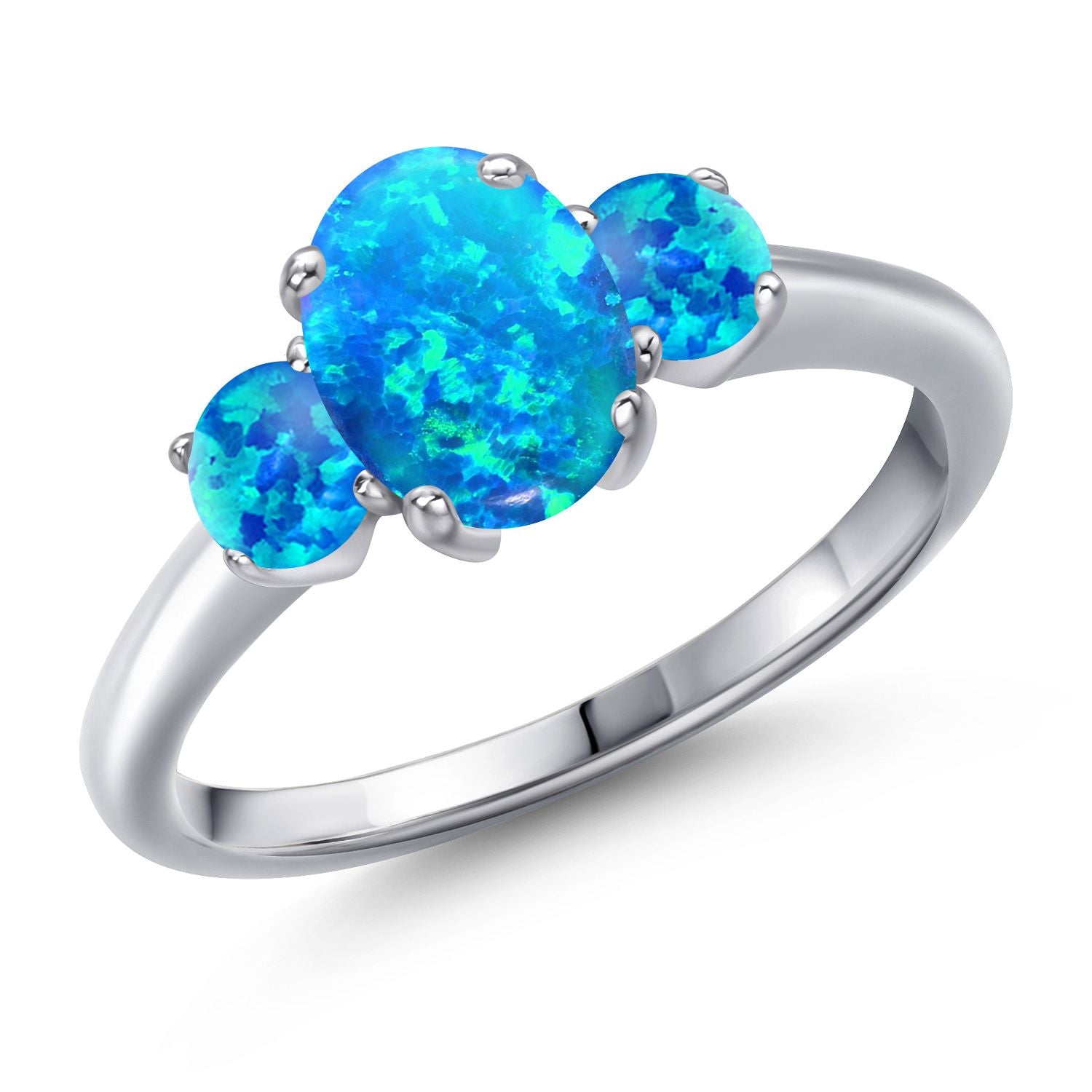 Blue Simulated Opal-Cabochon - October_9_Ring in 925 Sterling Silver