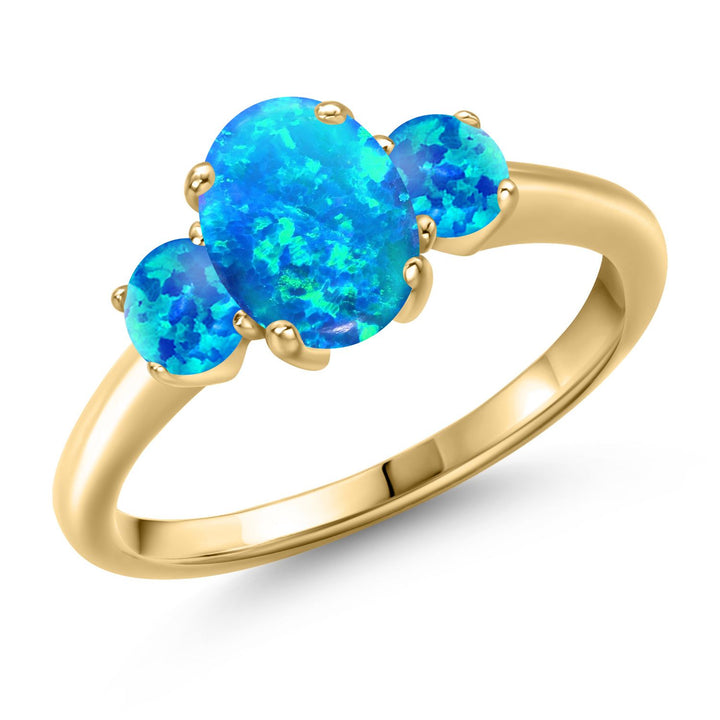 Blue Simulated Opal-Cabochon - October_5_Ring in 925 Yellow Gold Plated Silver