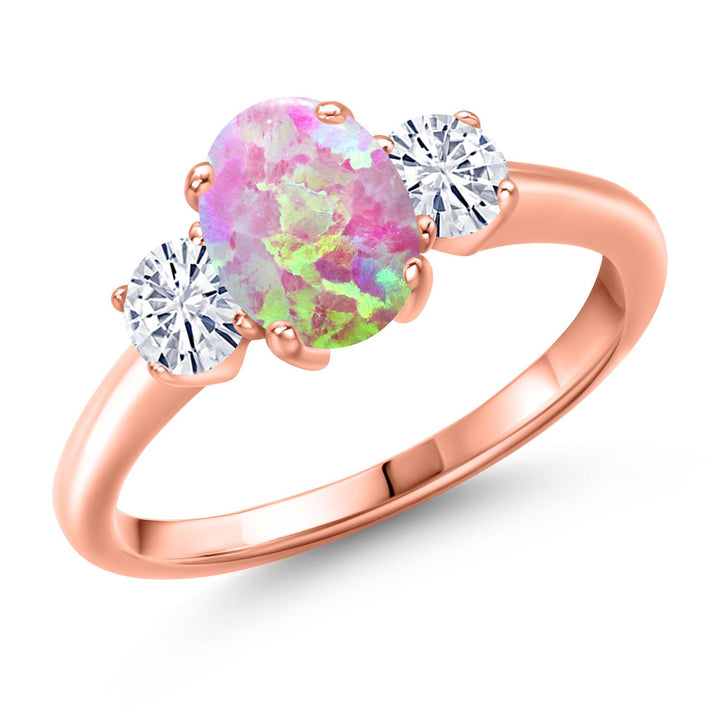 Pink Simulated Opal-Cabochon - October_5_Ring in 925 Rose Gold Plated Silver