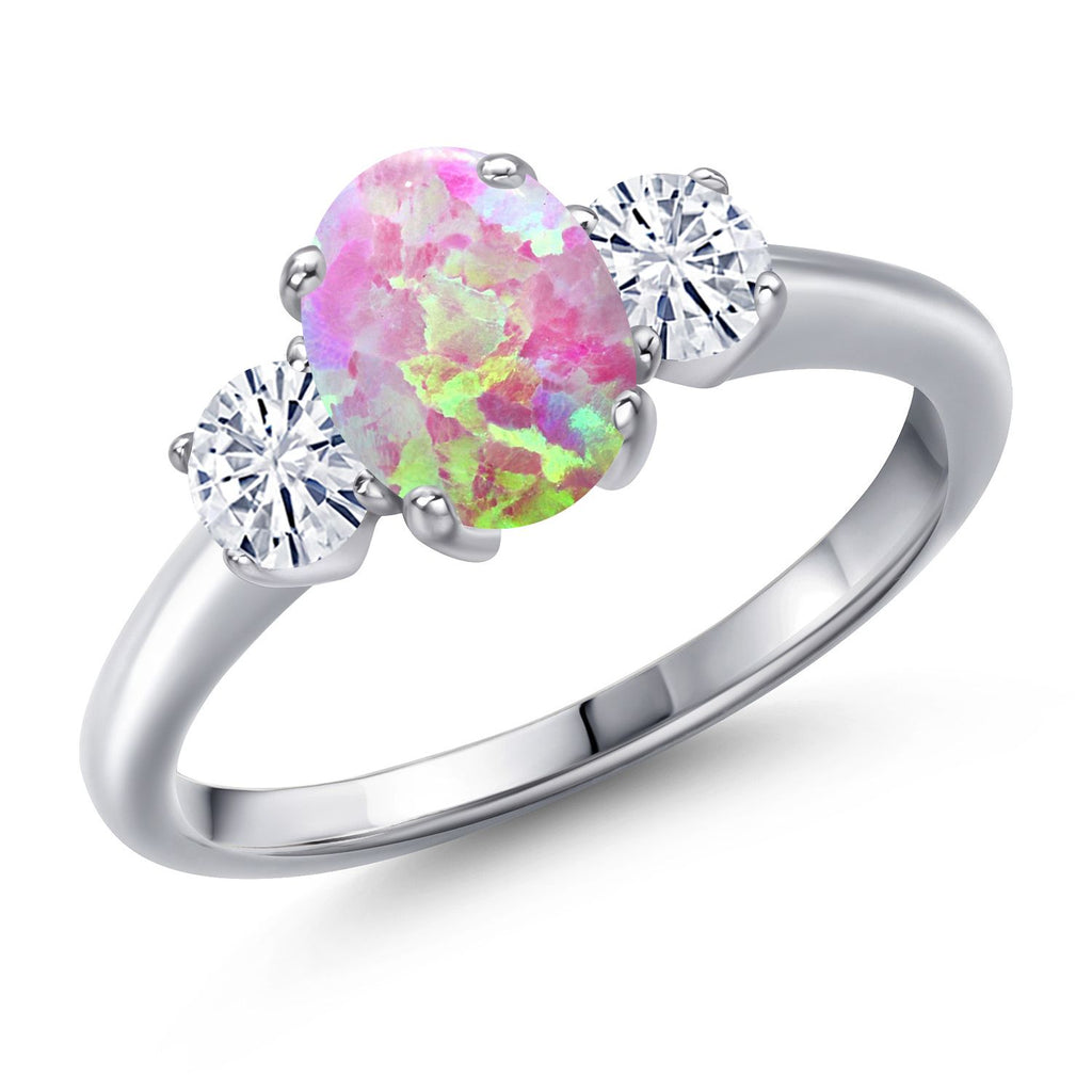 Pink Simulated Opal-Cabochon - October_8_Ring in 925 Sterling Silver