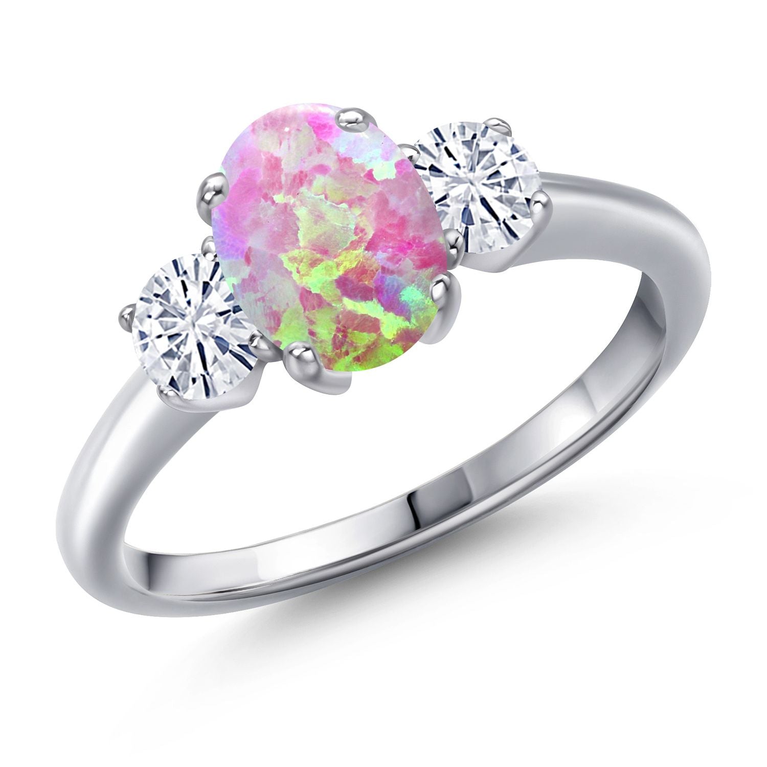 Pink Simulated Opal-Cabochon - October_7_Ring in 925 Sterling Silver