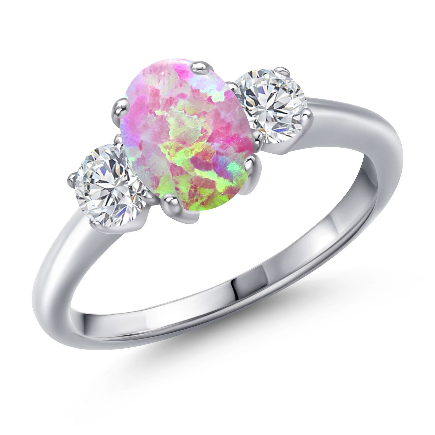 Pink Simulated Opal-Cabochon - October_6_Ring in 925 Sterling Silver