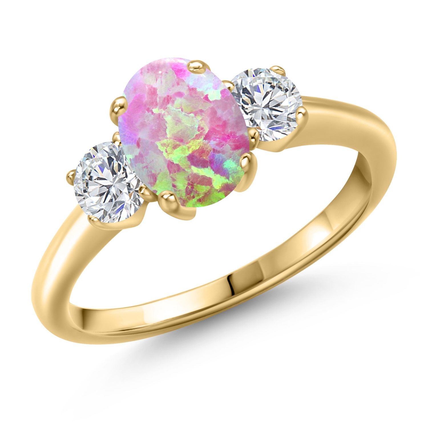 Pink Simulated Opal-Cabochon - October_6_Ring in 925 Yellow Gold Plated Silver
