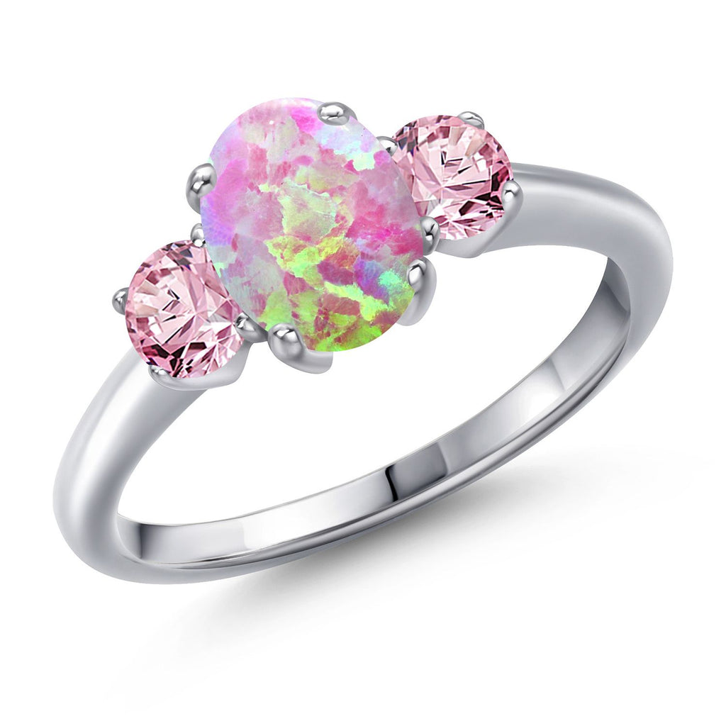 Pink Simulated Opal-Cabochon - October_6_Ring in 925 Sterling Silver