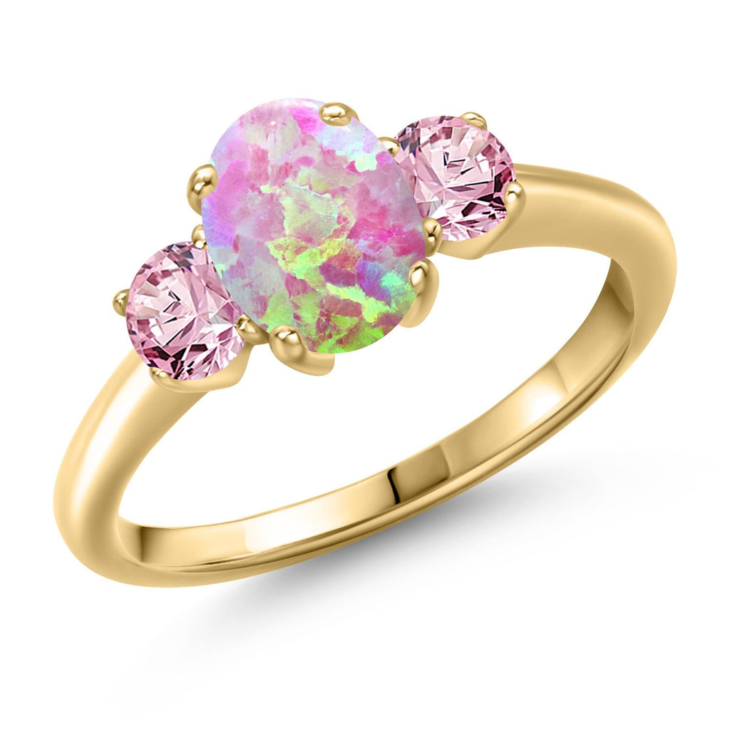 Pink Simulated Opal-Cabochon - October_6_Ring in 925 Yellow Gold Plated Silver