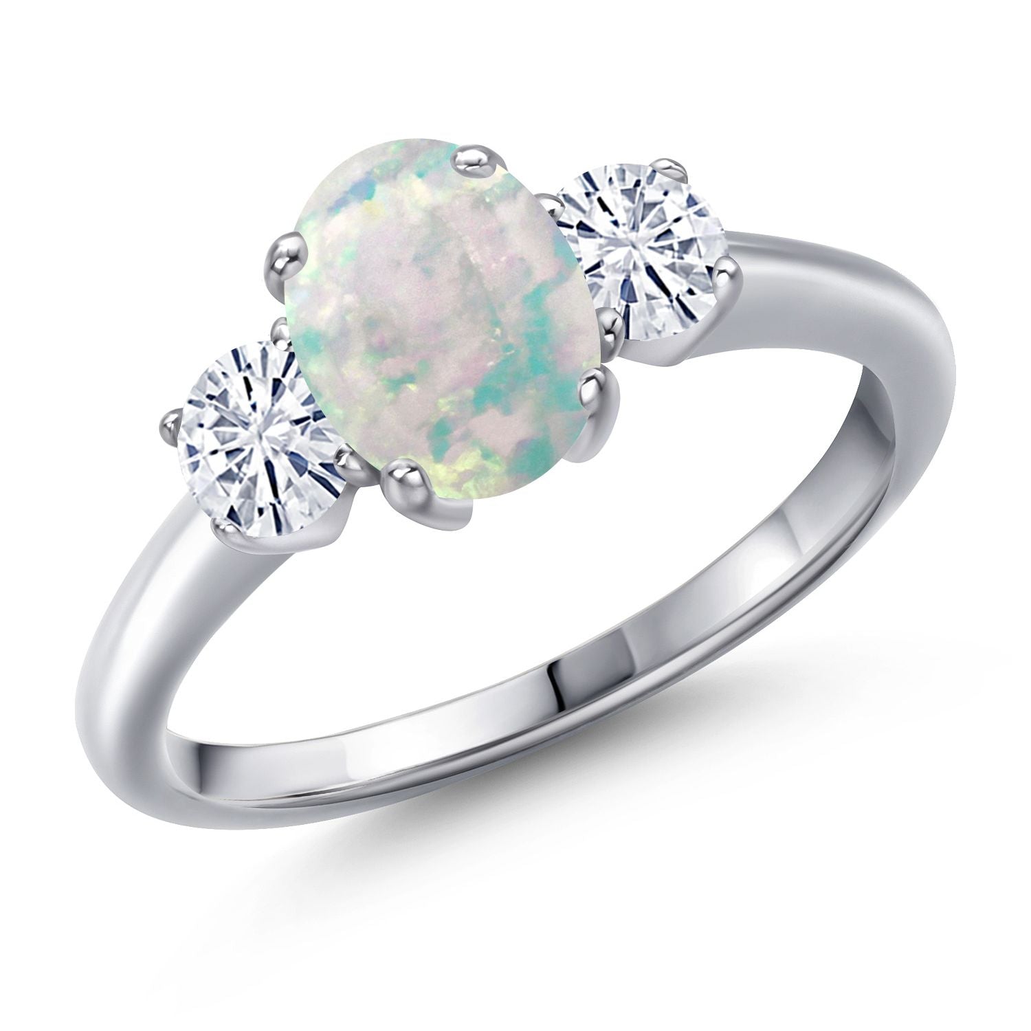 White Simulated Opal-Cabochon - October_5_Ring in 925 Sterling Silver