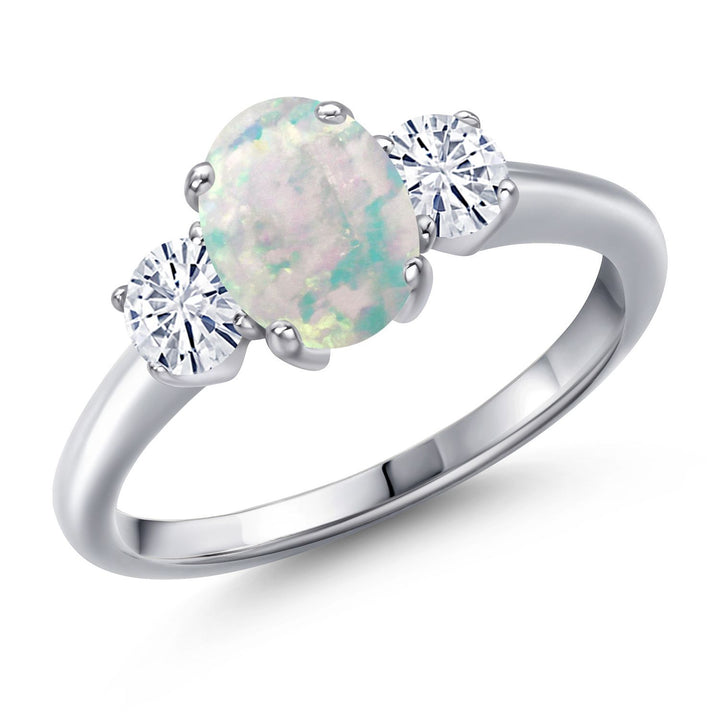 White Simulated Opal-Cabochon - October_5_Ring in 925 Sterling Silver