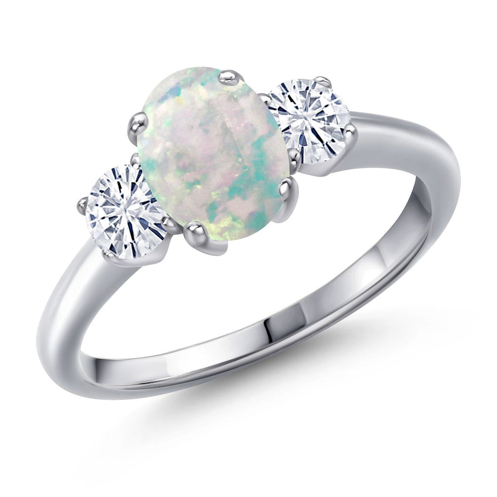 White Simulated Opal-Cabochon - October_7_Ring in 925 Sterling Silver