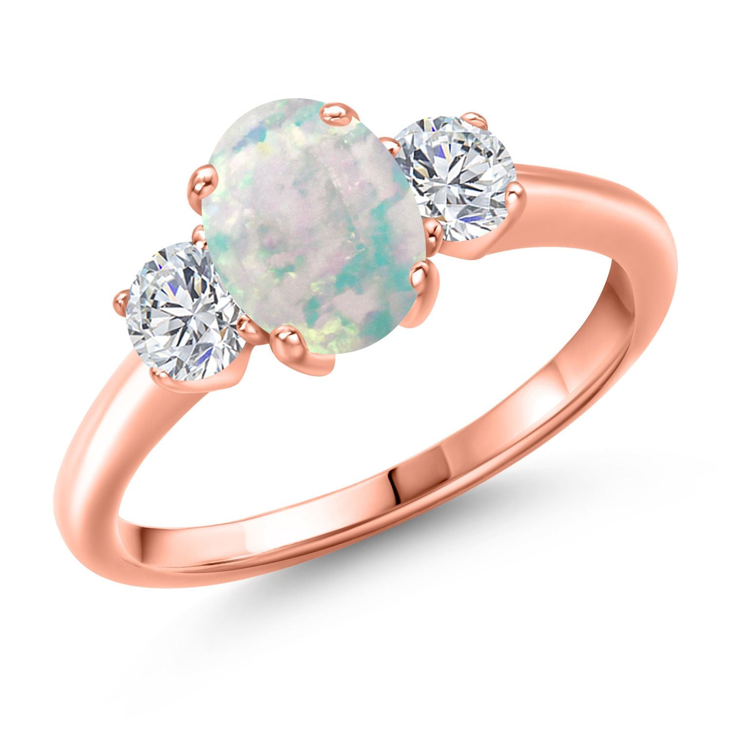 White Simulated Opal-Cabochon - October_9_Ring in 925 Rose Gold Plated Silver