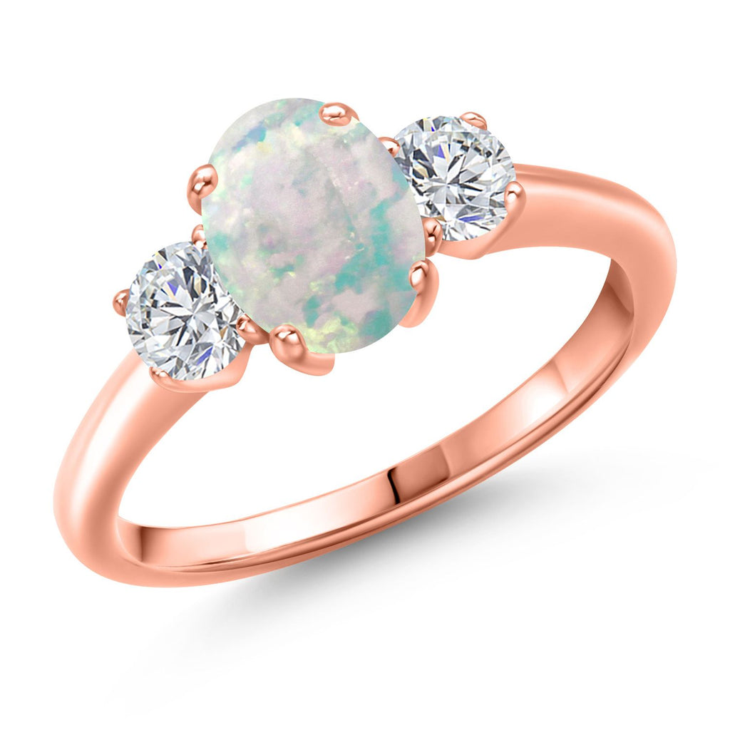 White Simulated Opal-Cabochon - October_5_Ring in 925 Rose Gold Plated Silver