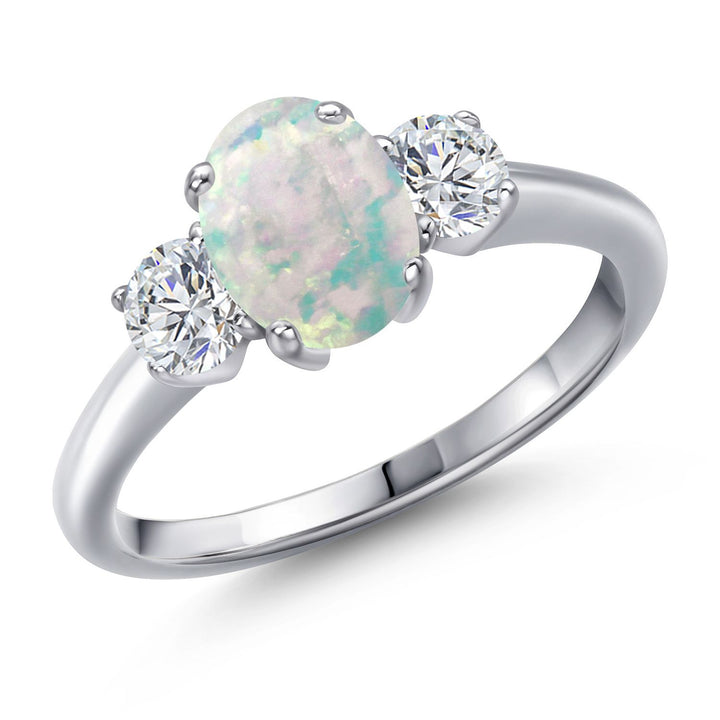 White Simulated Opal-Cabochon - October_5_Ring in 925 Sterling Silver