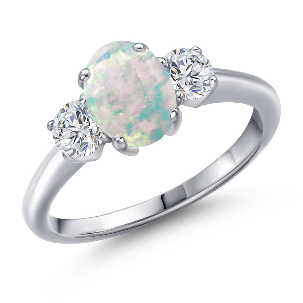 White Simulated Opal-Cabochon - October_8_Ring in 925 Sterling Silver