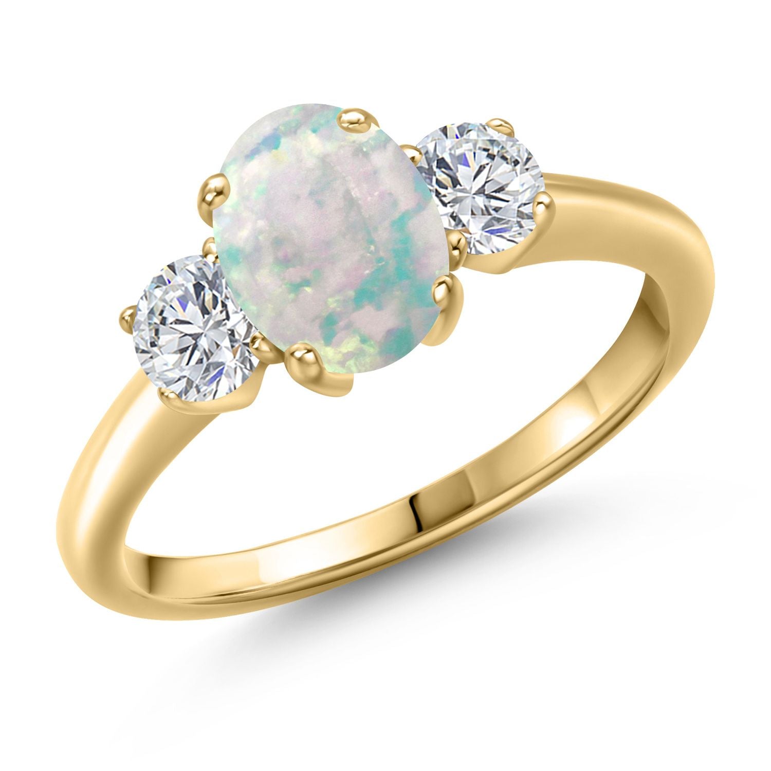 White Simulated Opal-Cabochon - October_8_Ring in 925 Yellow Gold Plated Silver