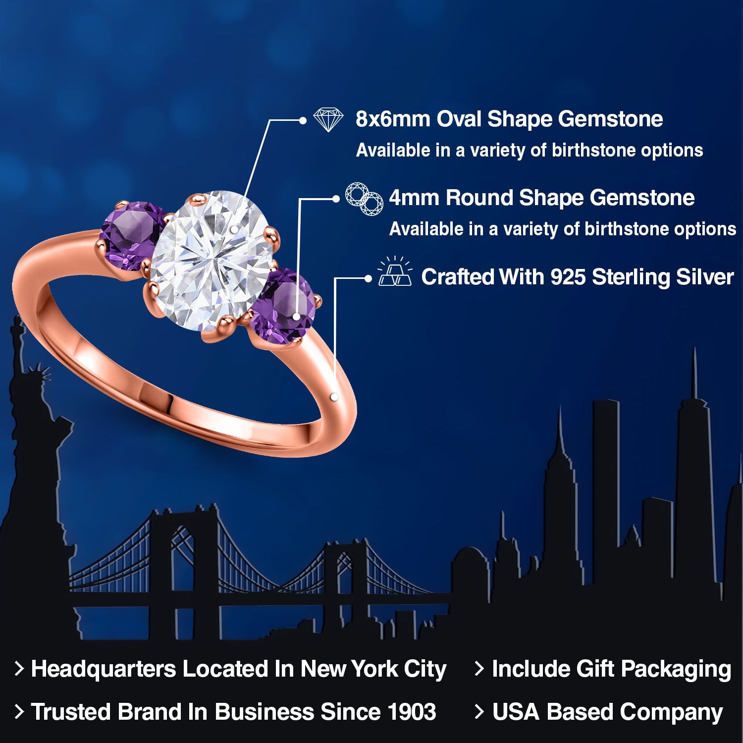 Moissanite and Amethyst_5_Ring in 925 Rose Gold Plated Silver