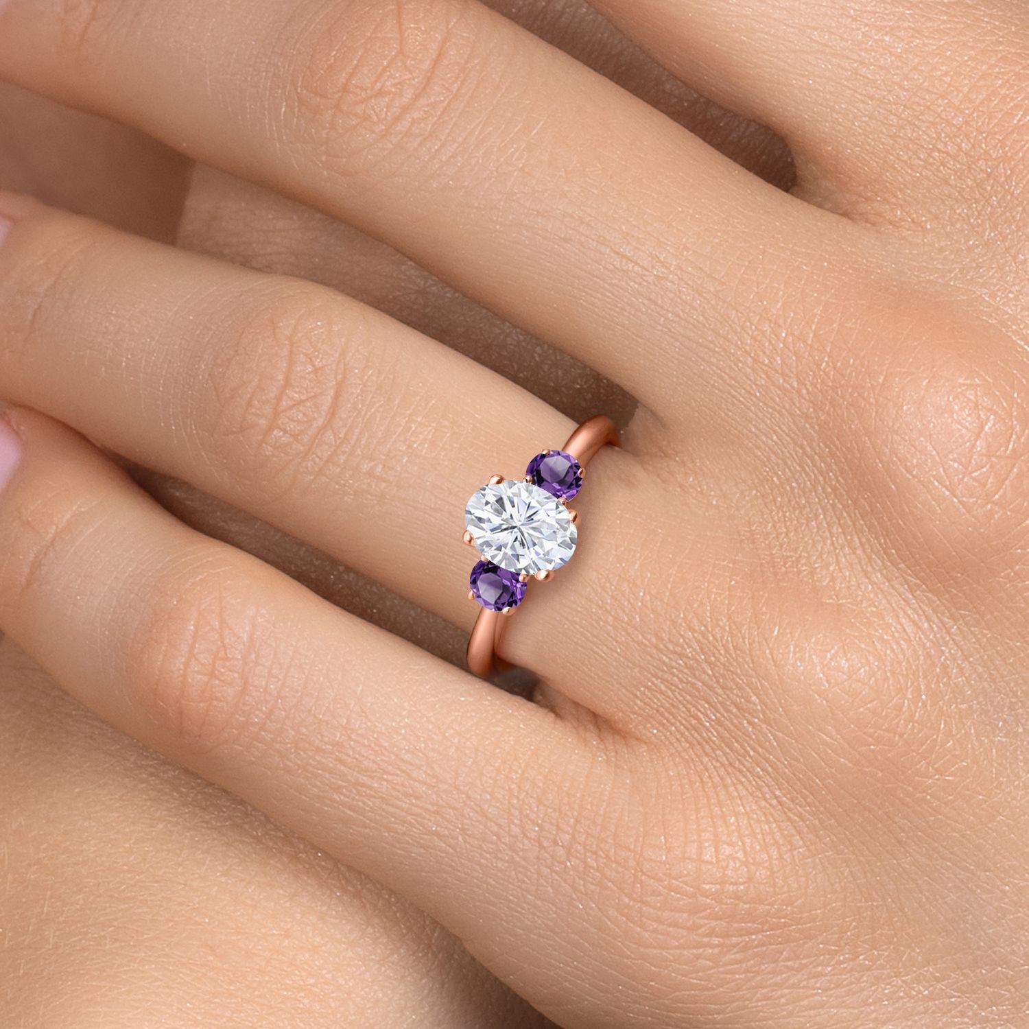 Moissanite and Amethyst_5_Ring in 925 Rose Gold Plated Silver