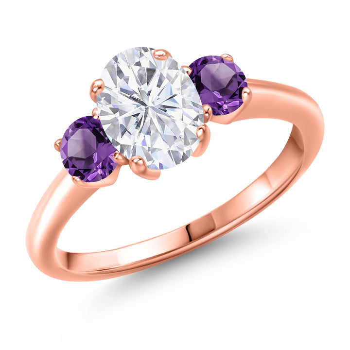 Moissanite and Amethyst_5_Ring in 925 Rose Gold Plated Silver
