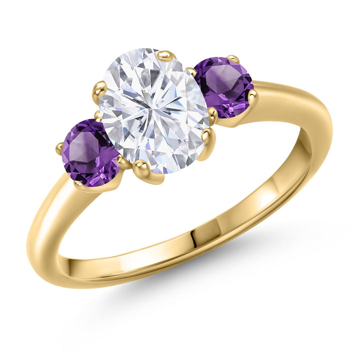 Moissanite and Amethyst_5_Ring in 925 Yellow Gold Plated Silver