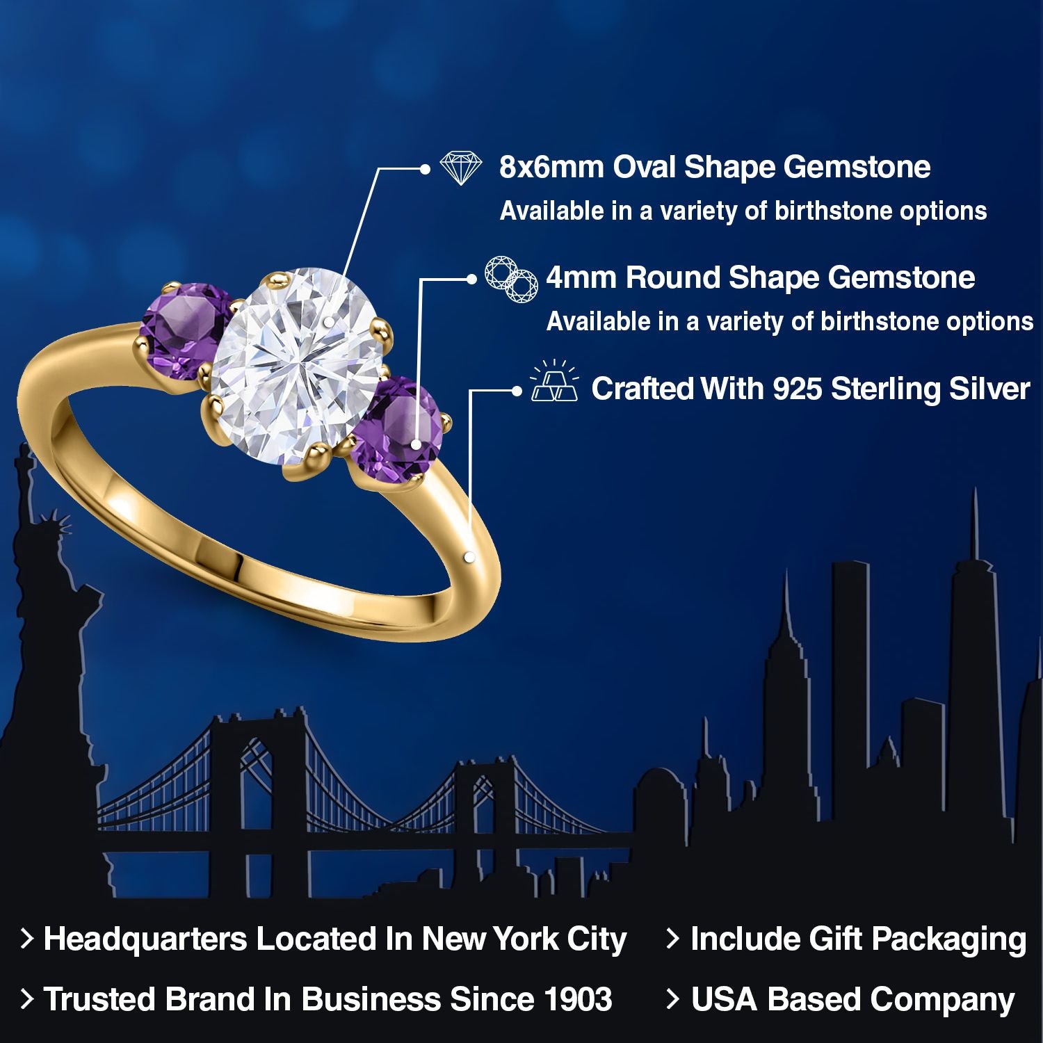 Moissanite and Amethyst_5_Ring in 925 Yellow Gold Plated Silver