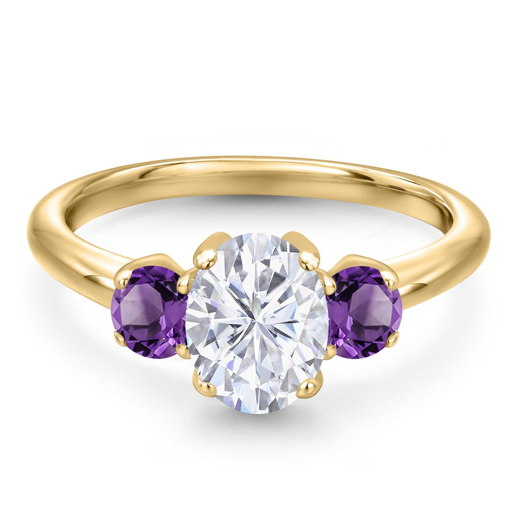 Moissanite and Amethyst_5_Ring in 925 Yellow Gold Plated Silver