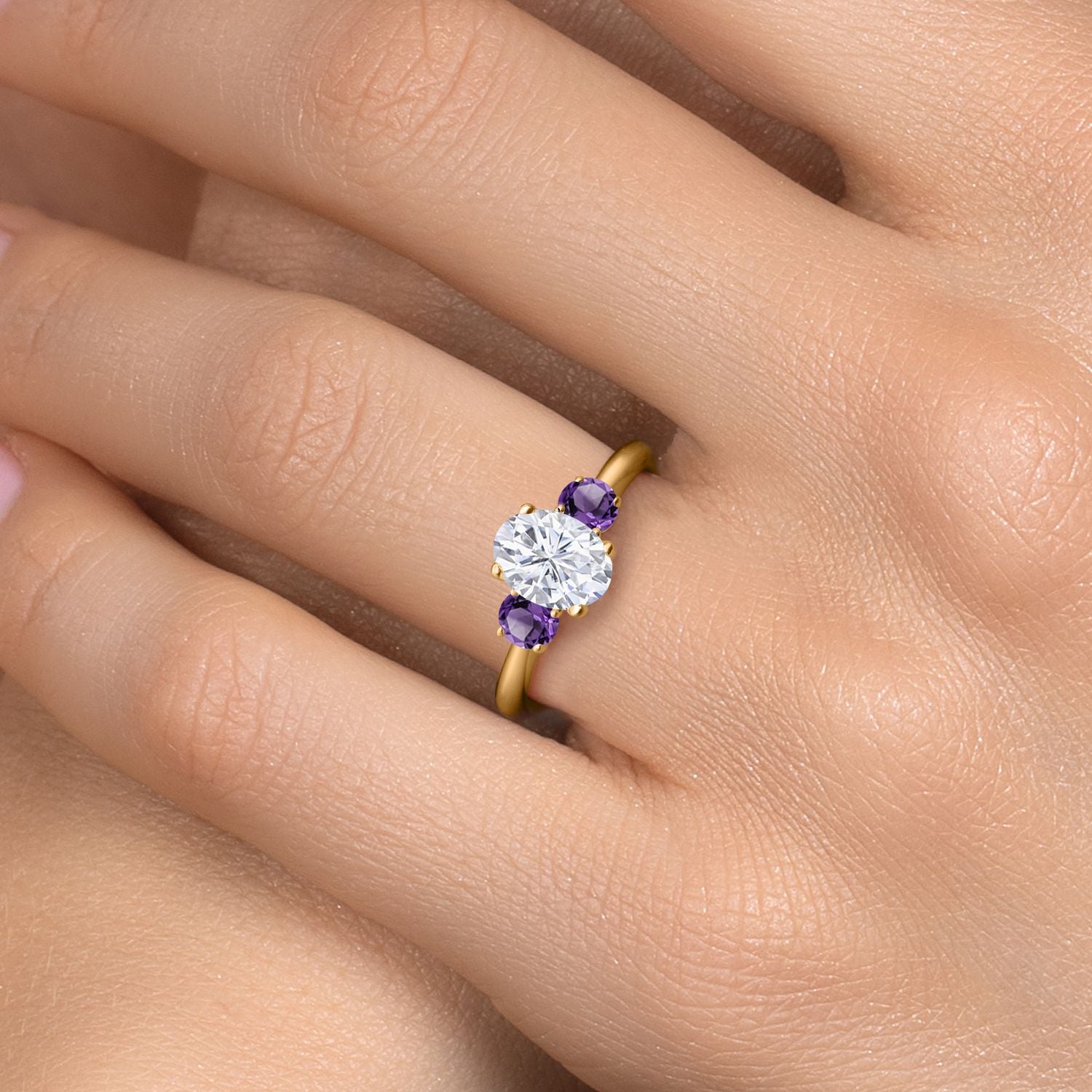 Moissanite and Amethyst_5_Ring in 925 Yellow Gold Plated Silver