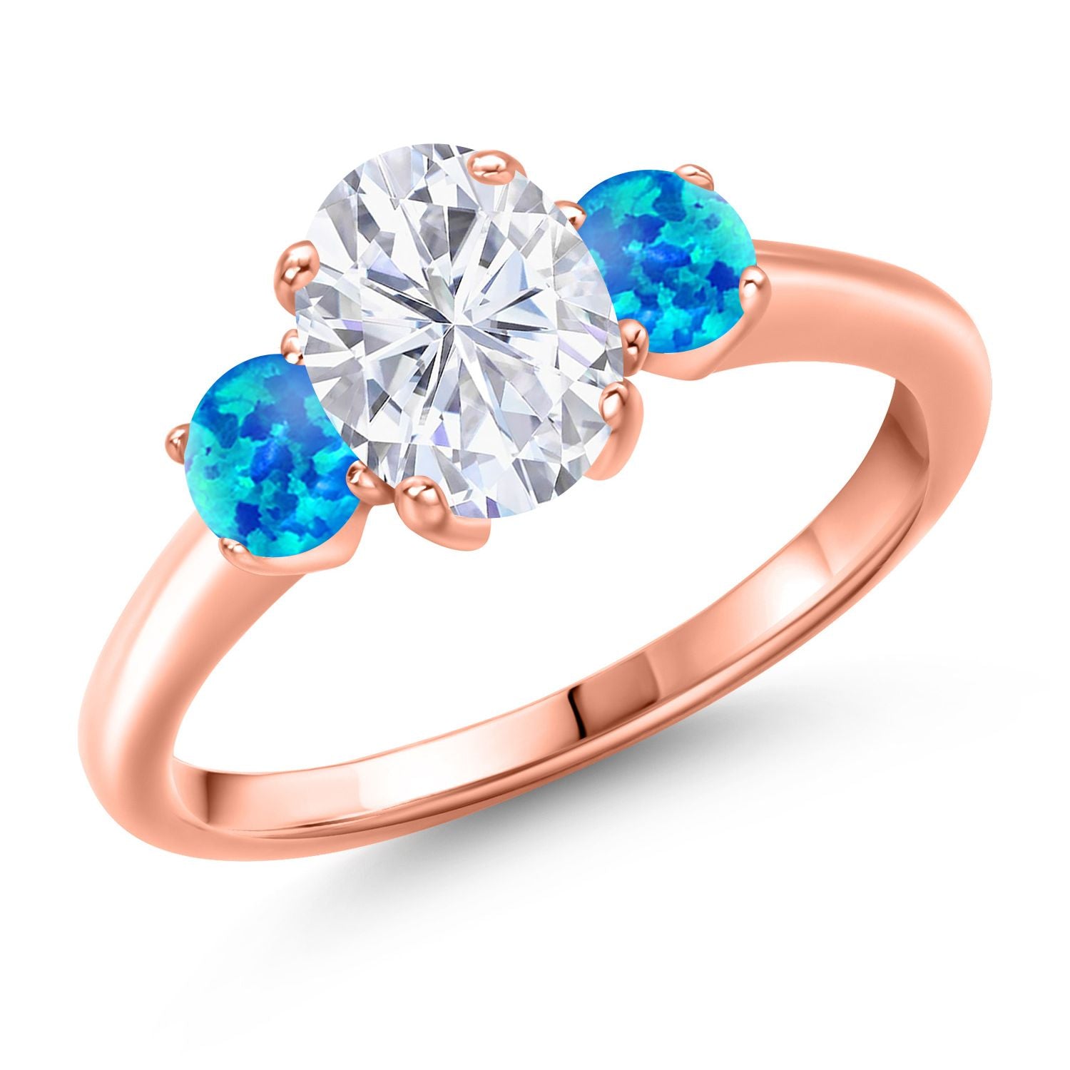 Blue Simulated Opal - October_8_Ring in 925 Rose Gold Plated Silver