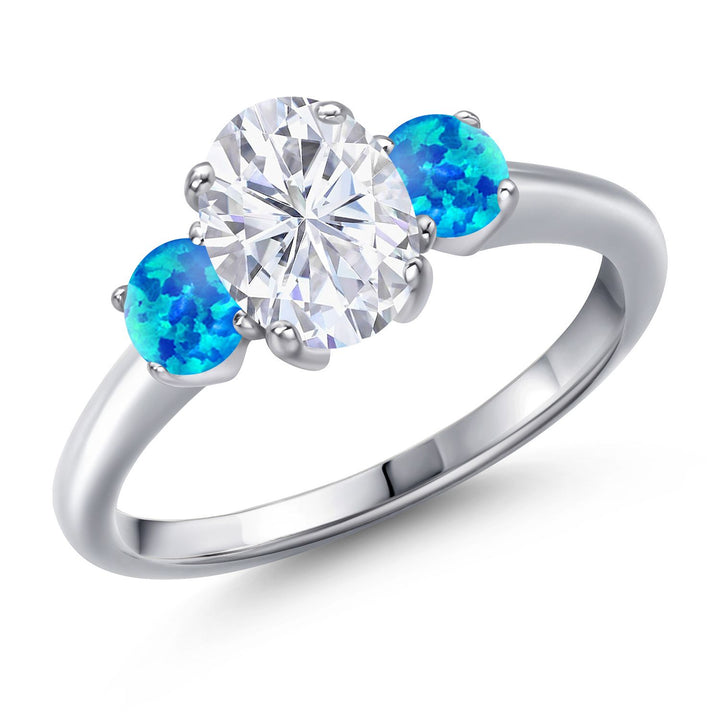 Blue Simulated Opal - October_5_Ring in 925 Sterling Silver
