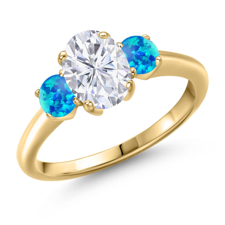 Blue Simulated Opal - October_5_Ring in 925 Yellow Gold Plated Silver