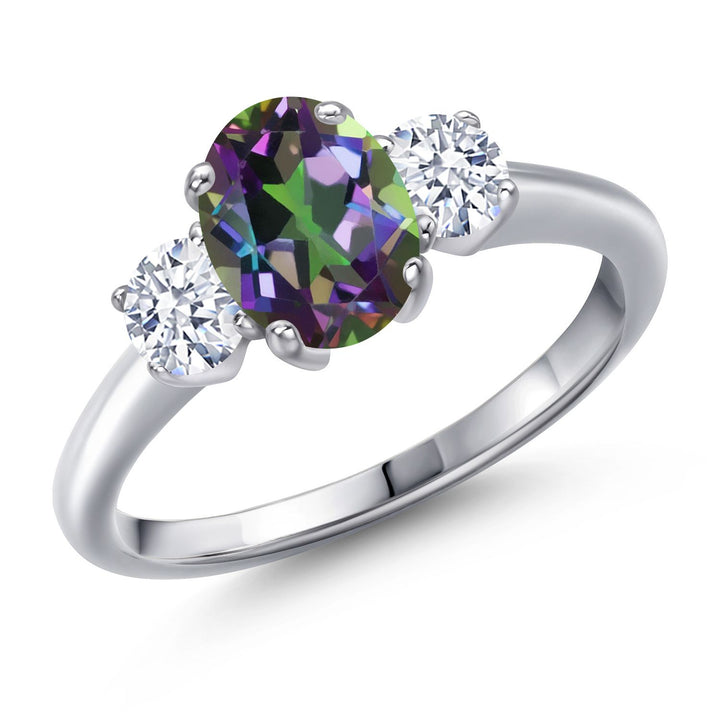 Gem Stone King Gemstone Birthstone 3-Stone Engagement Ring for Women | 925 Sterling Silver | Oval 8X6MM and Round 4MM | Three Stone Wedding Anniversary Promise Ring
