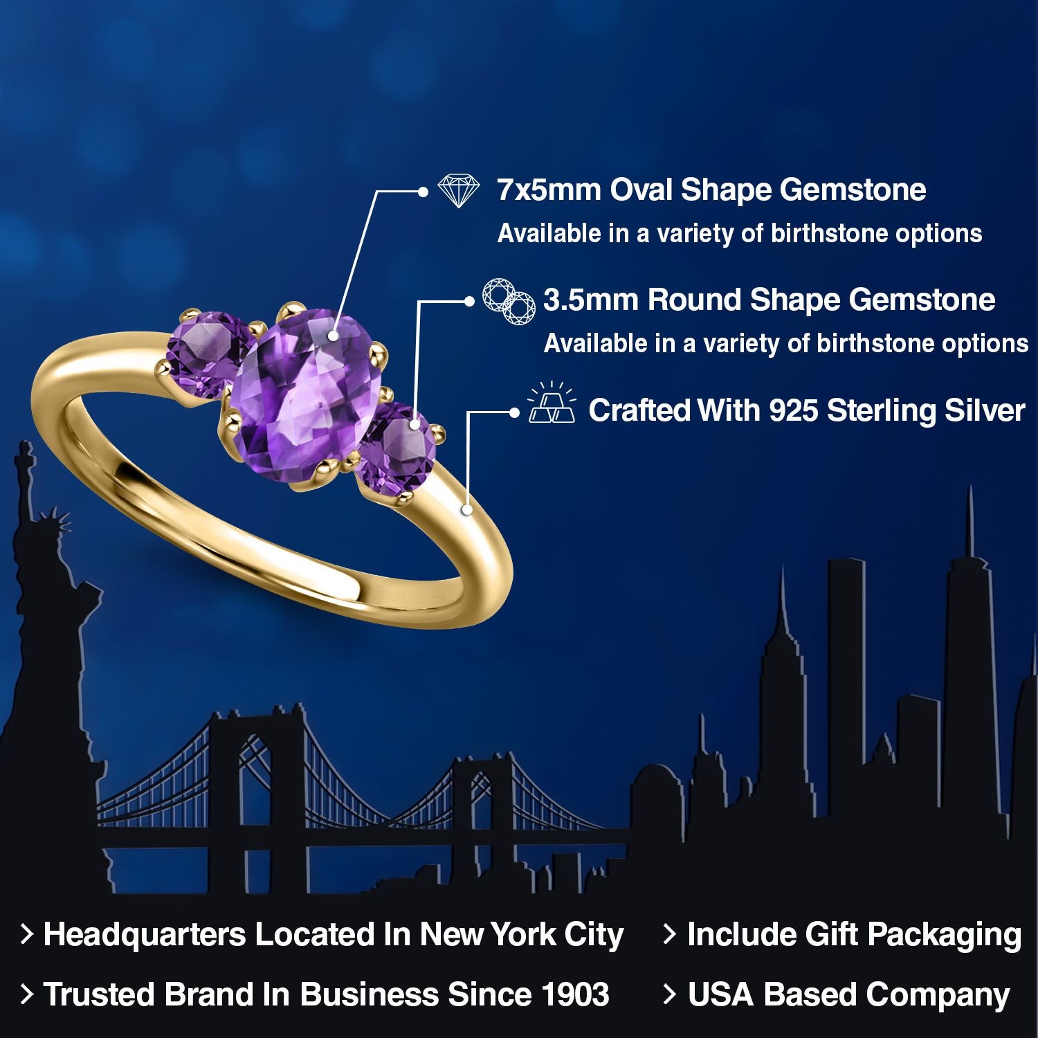 Amethyst_5_Ring in 925 Yellow Gold Plated Silver