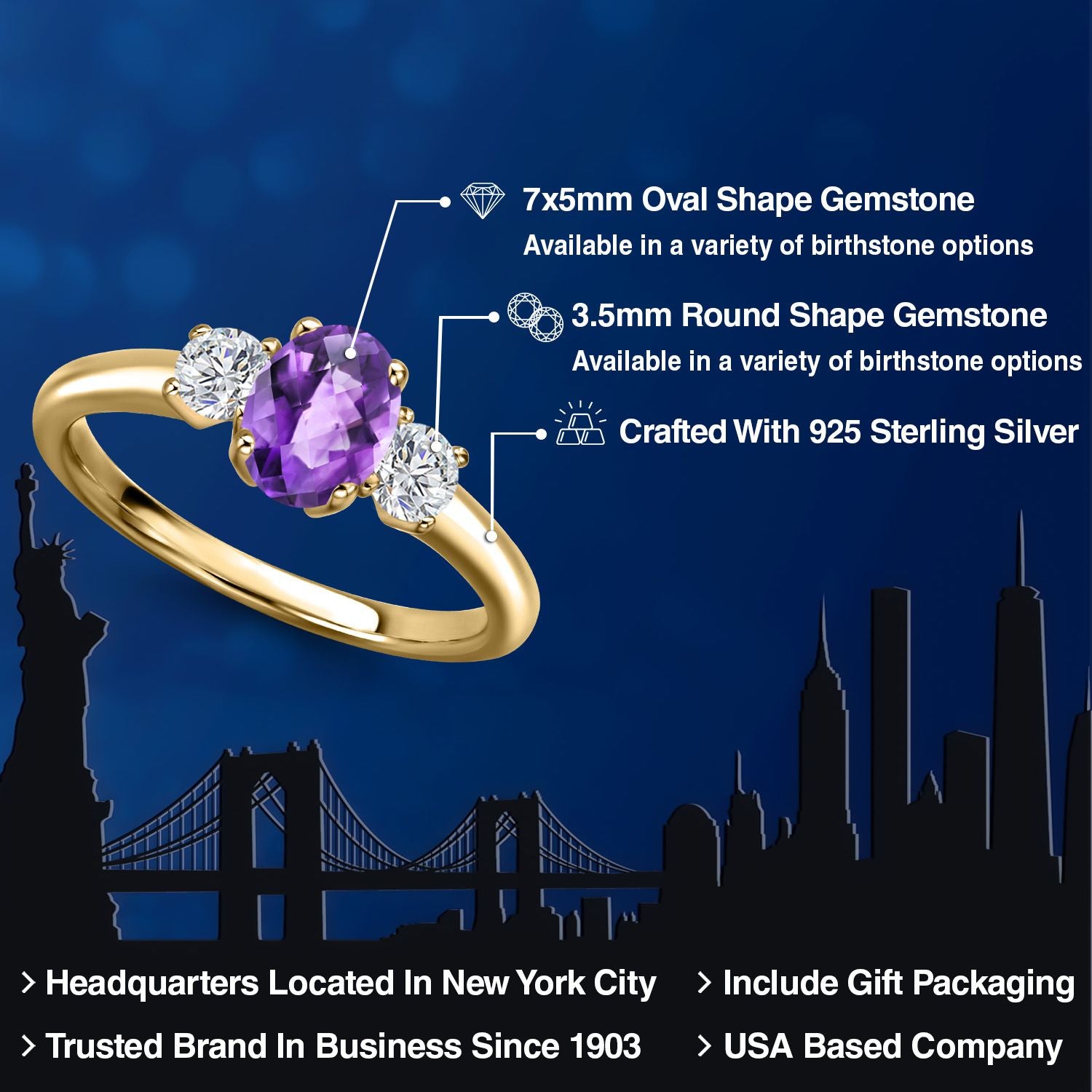 Amethyst and Lab Grown Diamond_5_Ring in 925 Yellow Gold Plated Silver