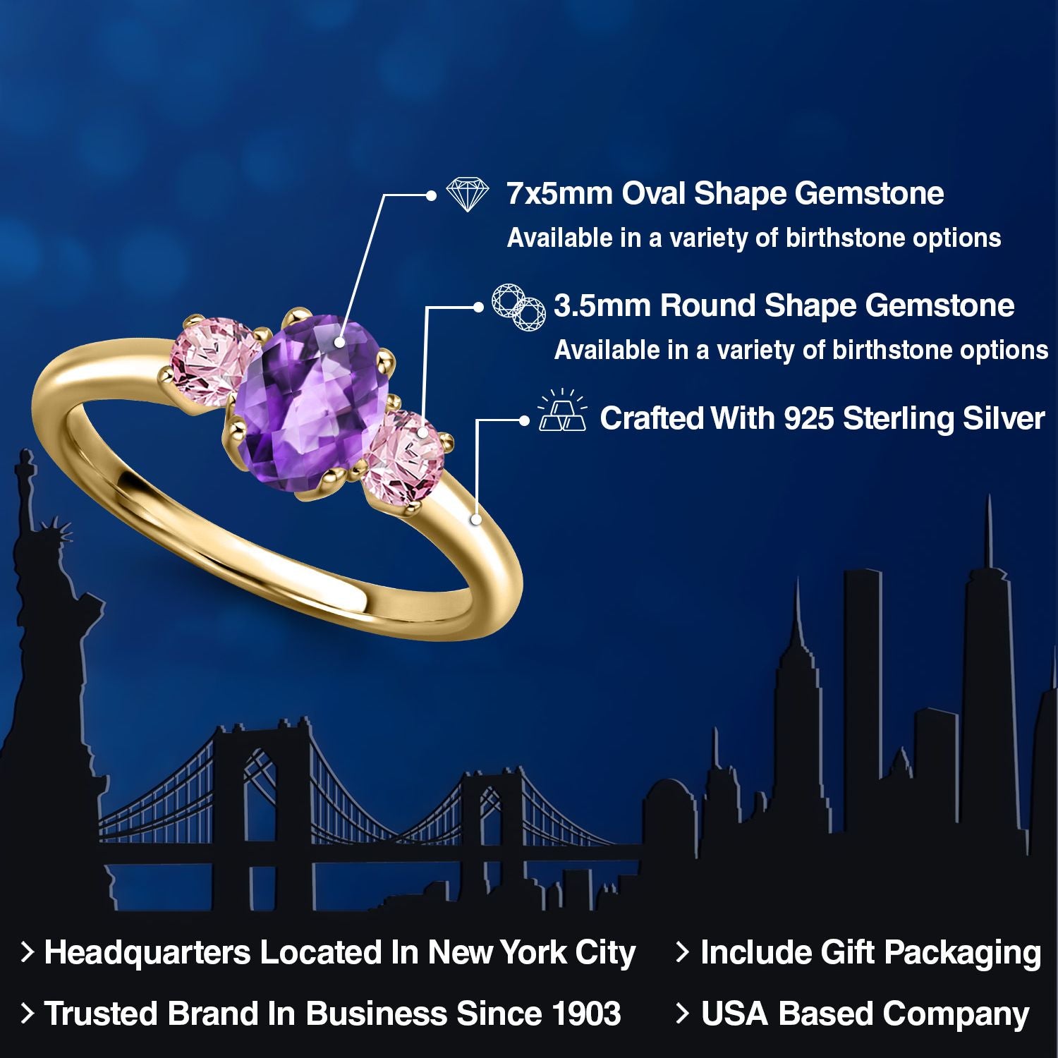Amethyst and Lab Grown Diamond_5_Ring in 925 Yellow Gold Plated Silver