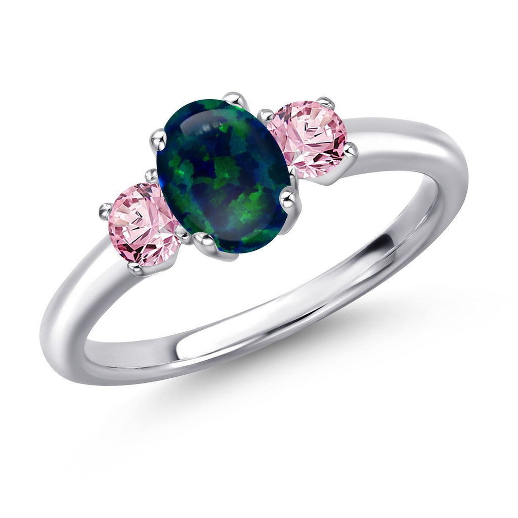 Green Simulated Opal-Cabochon - October_9_Ring in 925 Sterling Silver