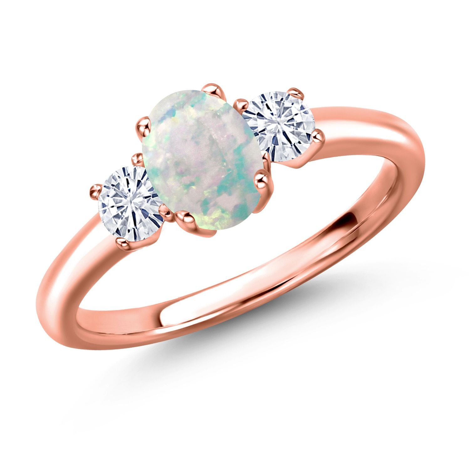 White Simulated Opal-Cabochon - October_5_Ring in 925 Rose Gold Plated Silver