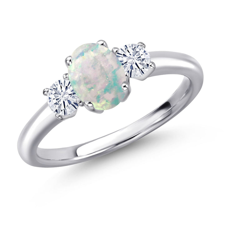 White Simulated Opal-Cabochon - October_5_Ring in 925 Sterling Silver