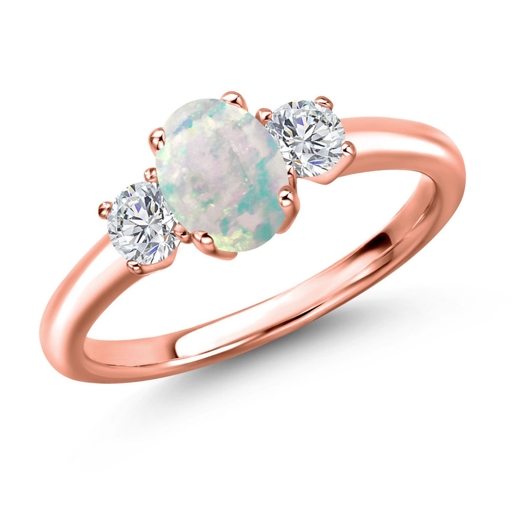 White Simulated Opal-Cabochon - October_8_Ring in 925 Rose Gold Plated Silver