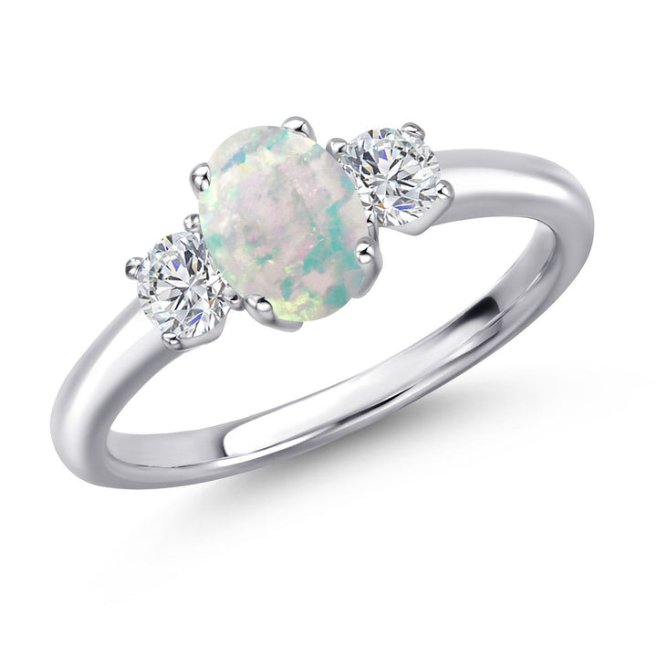 White Simulated Opal-Cabochon - October_9_Ring in 925 Sterling Silver