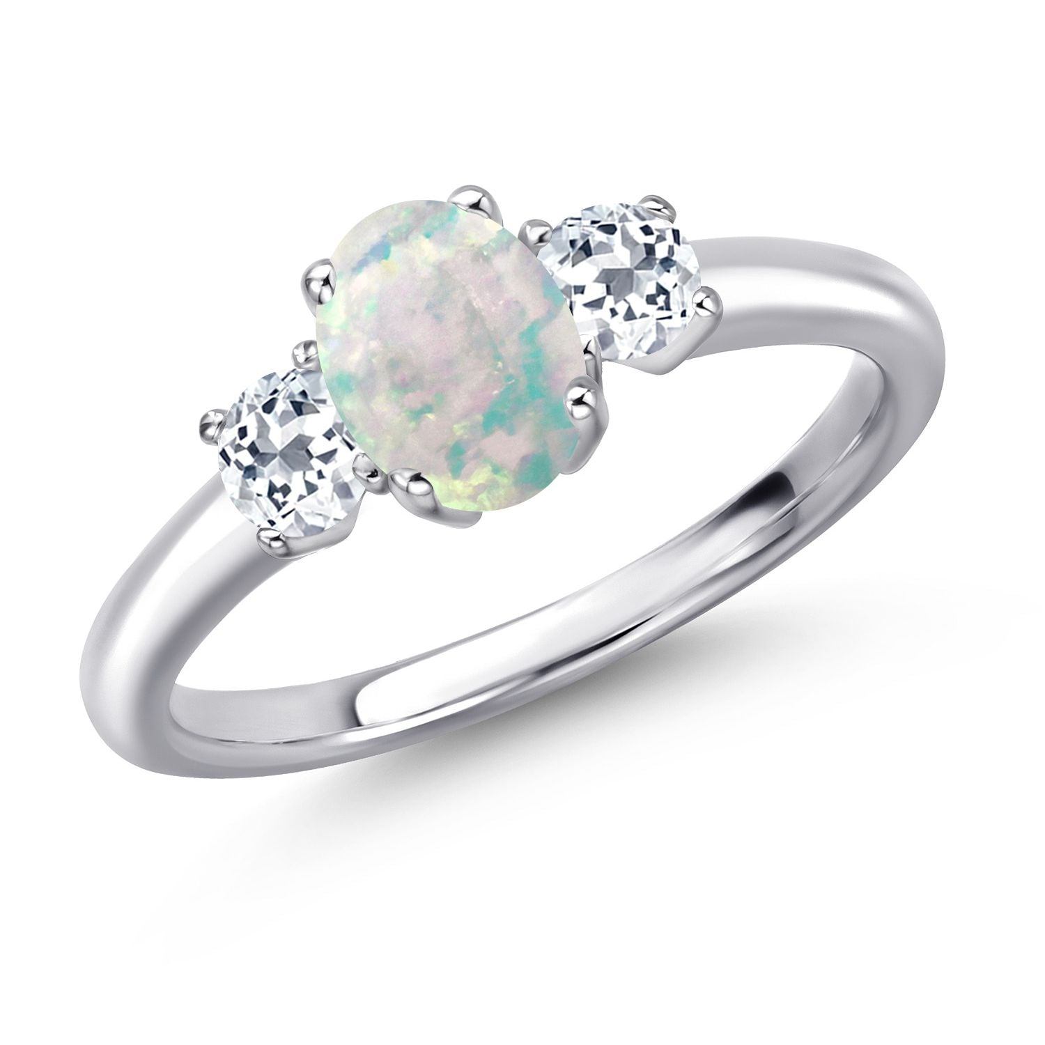 White Simulated Opal-Cabochon - October_6_Ring in 925 Sterling Silver