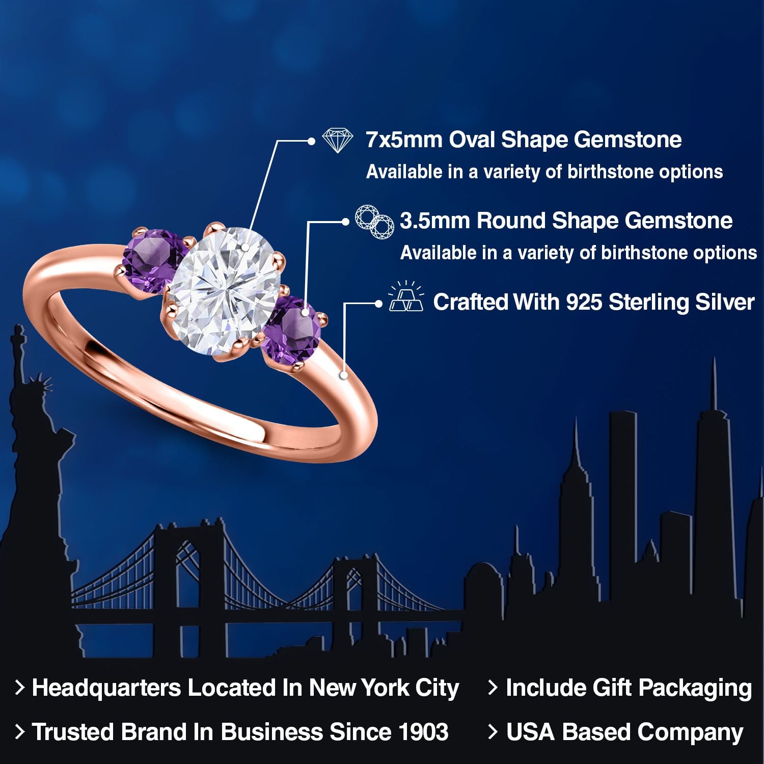 Moissanite and Amethyst_5_Ring in 925 Rose Gold Plated Silver