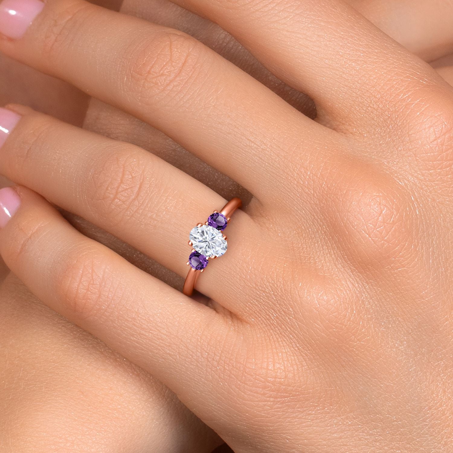 Moissanite and Amethyst_5_Ring in 925 Rose Gold Plated Silver