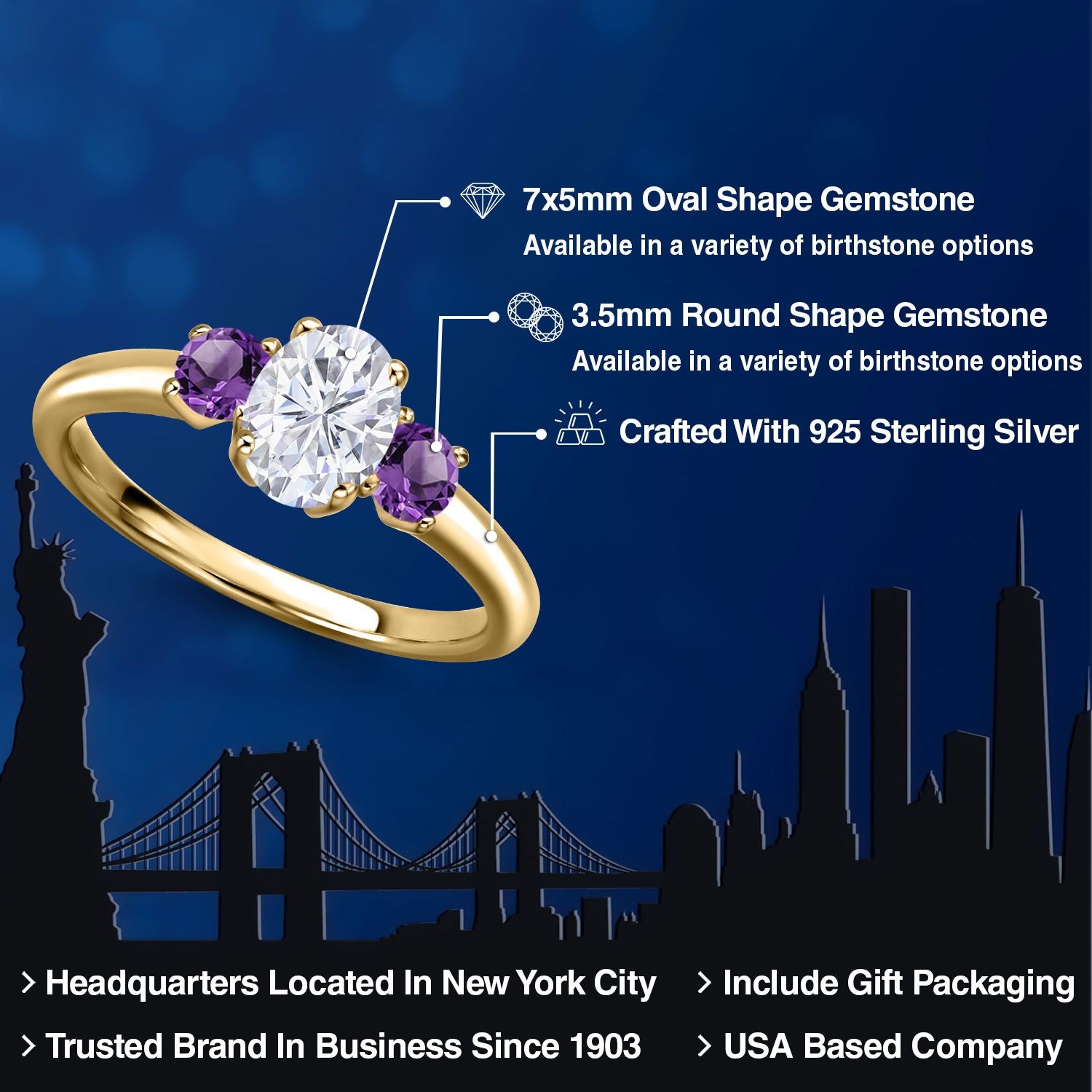 Moissanite and Amethyst_5_Ring in 925 Yellow Gold Plated Silver