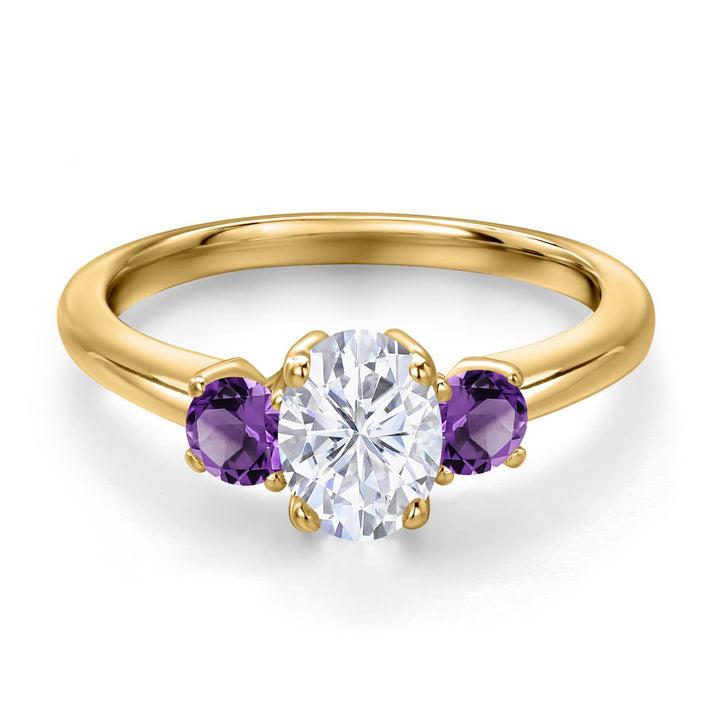 Moissanite and Amethyst_5_Ring in 925 Yellow Gold Plated Silver